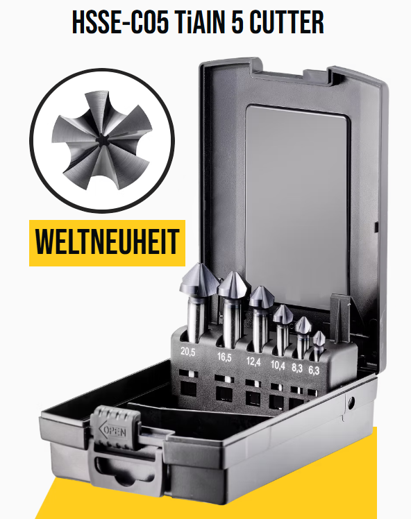 Kegel- und Entgratsenker "5 Cutter" Set., 6-tlg. Ø 6.3/8.3/10.4/12.4/16.5/20mm