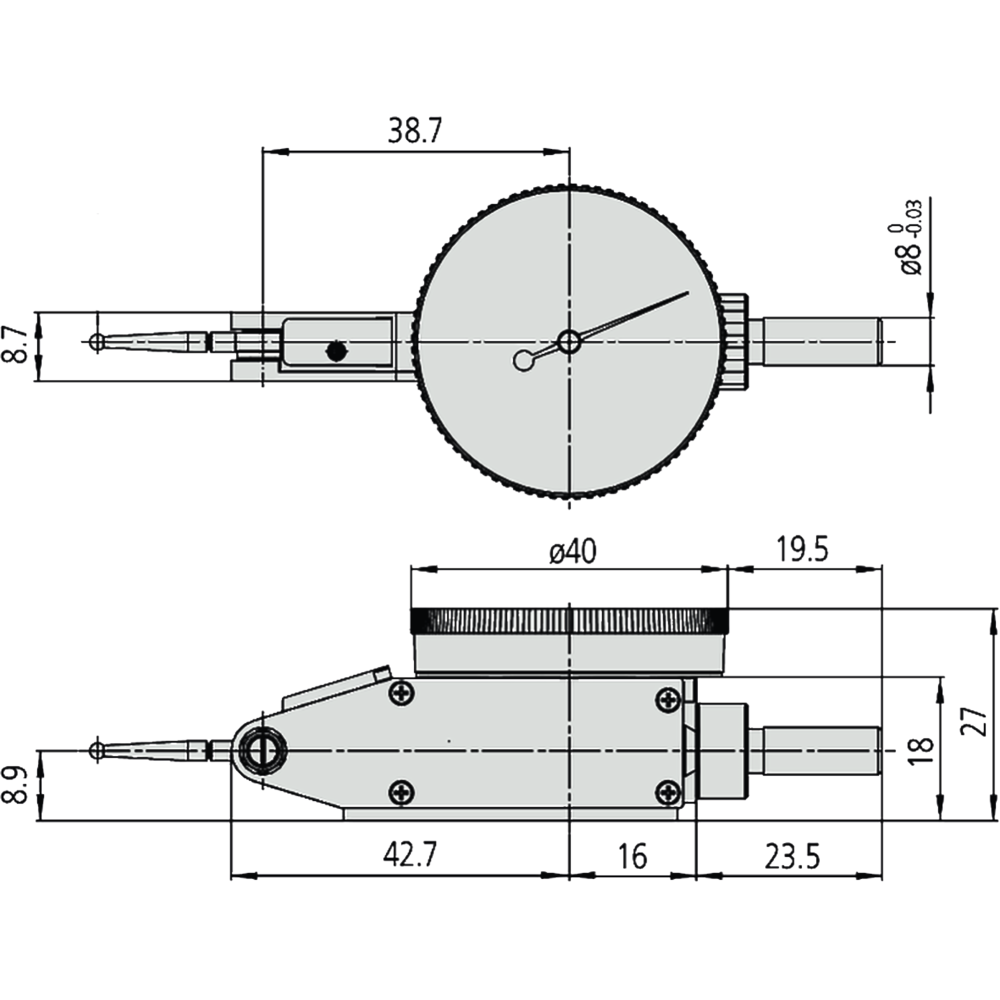 Fühlhebelmessgerät 0,8mm (0,01mm) Skala 0-40-0, Außenring-Ø29,2mm