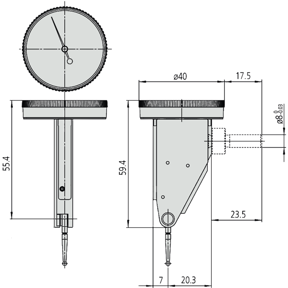 Fühlhebelmessgerät 0,8mm (0,01mm) Skala 0-40-0, Außenring-39mm vertikal