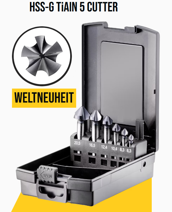 Kegel- und Entgratsenker "5 Cutter" Sort., 6-tlg. Ø 6.3/8.3/10.4/12.4/16.5/20mm