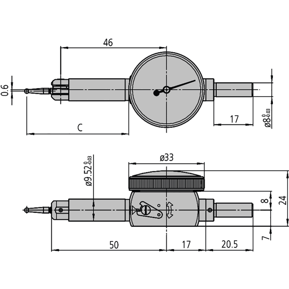 Fühlhebelmessgerät 0,5mm (0,01mm) Skala 0-25-0, Außenring- 29,2mm